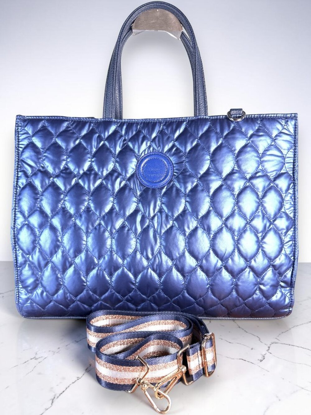 Sharif Global Generation Metallic Sapphire Blue Quilted Nylon Sample Tote